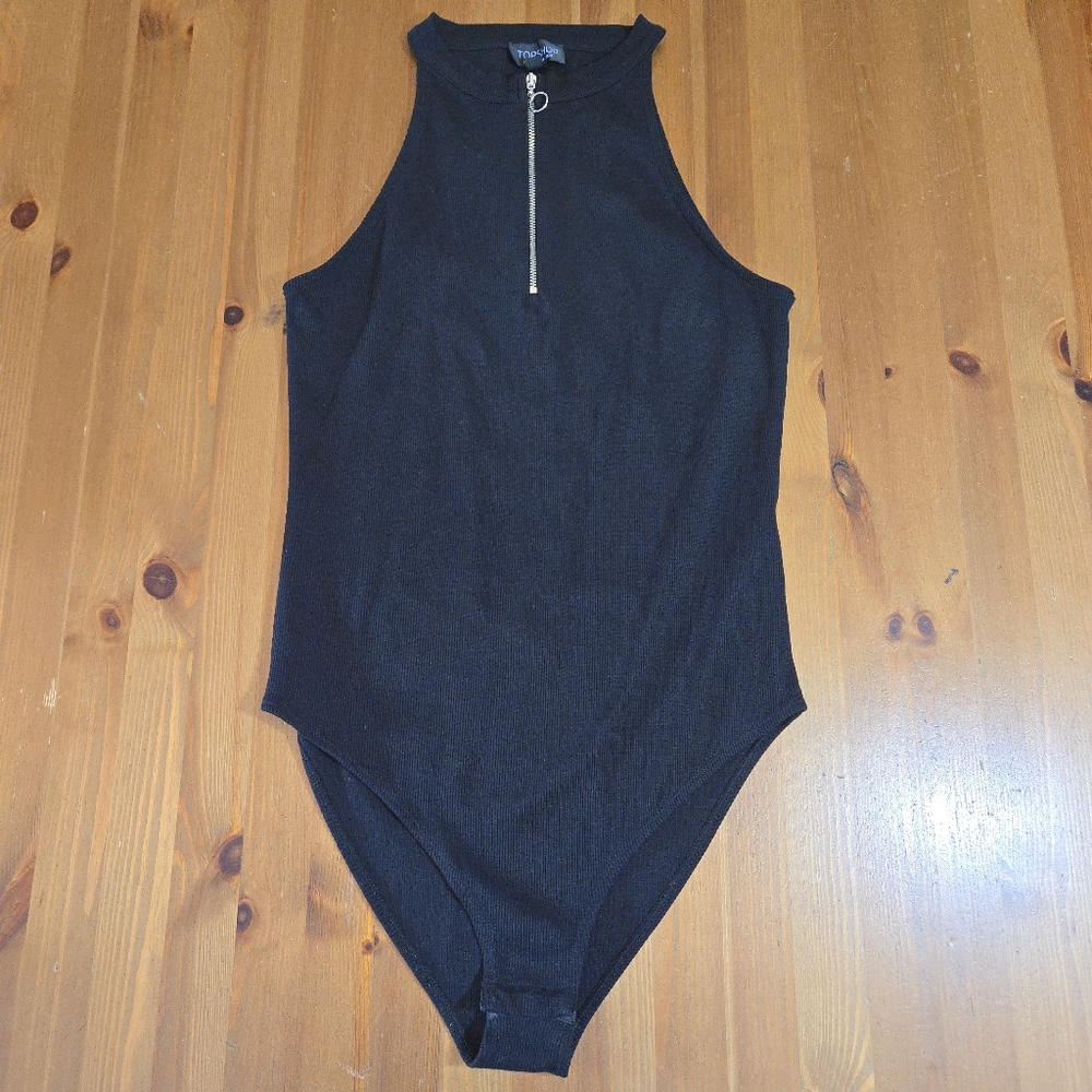 Top Shop Racerback Black Ribbes Zip Up Bodysuit Size US 8